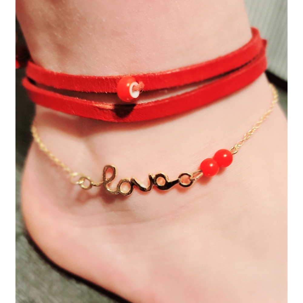 ♡Two New Ankle Bracelets▪︎Gold Chain and Leather▪︎Gold, Red